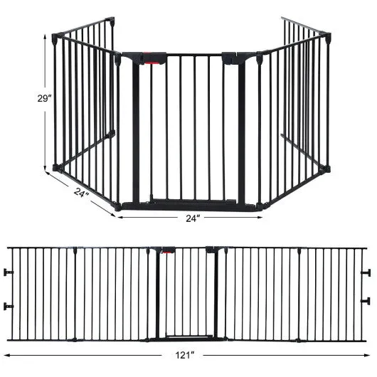 115 Inch Length 5 Panel Adjustable Wide Fireplace Fence-Black