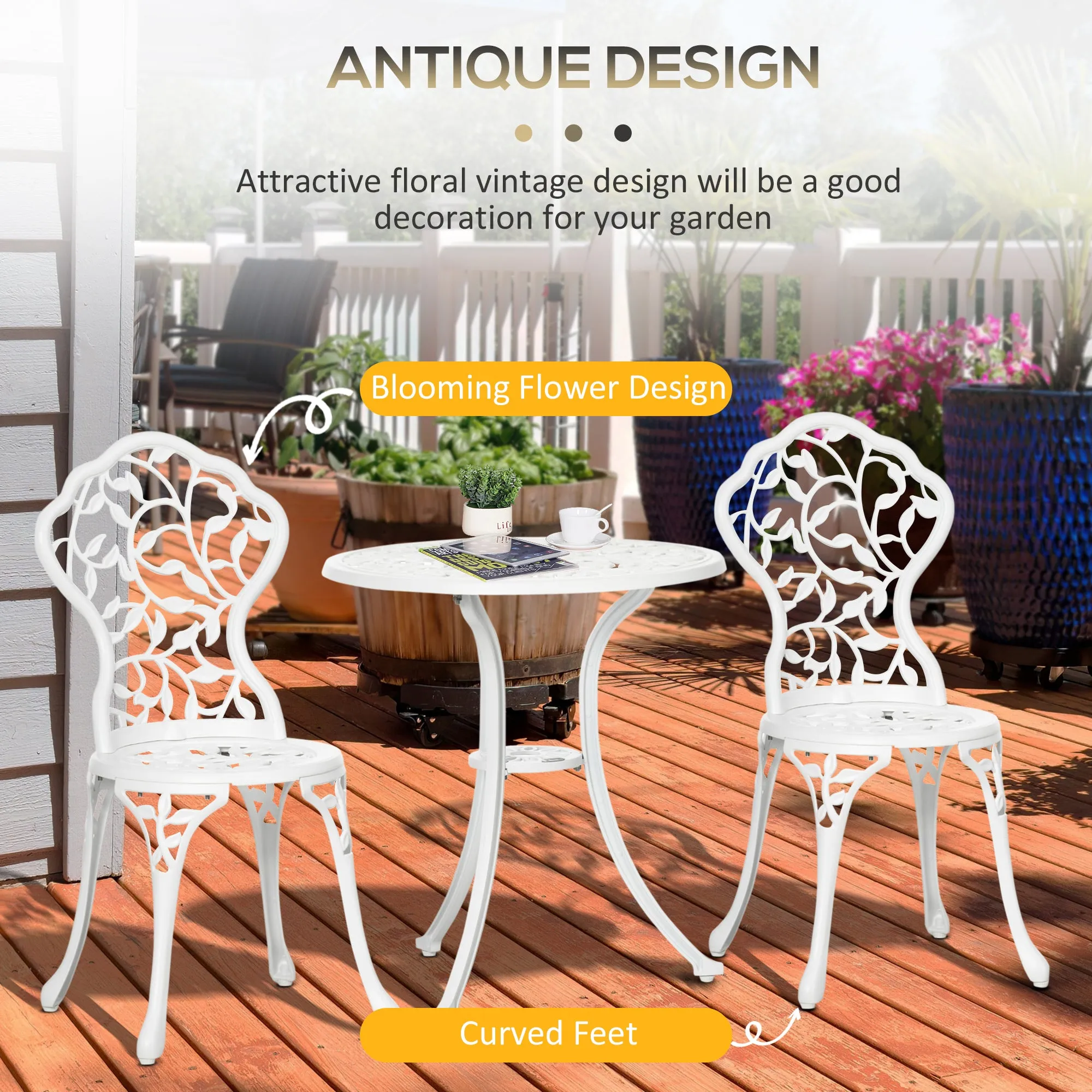 3 Pcs Aluminium Bistro Set Garden Furniture Dining Table Chairs Antique Outdoor Seat Patio Seater White