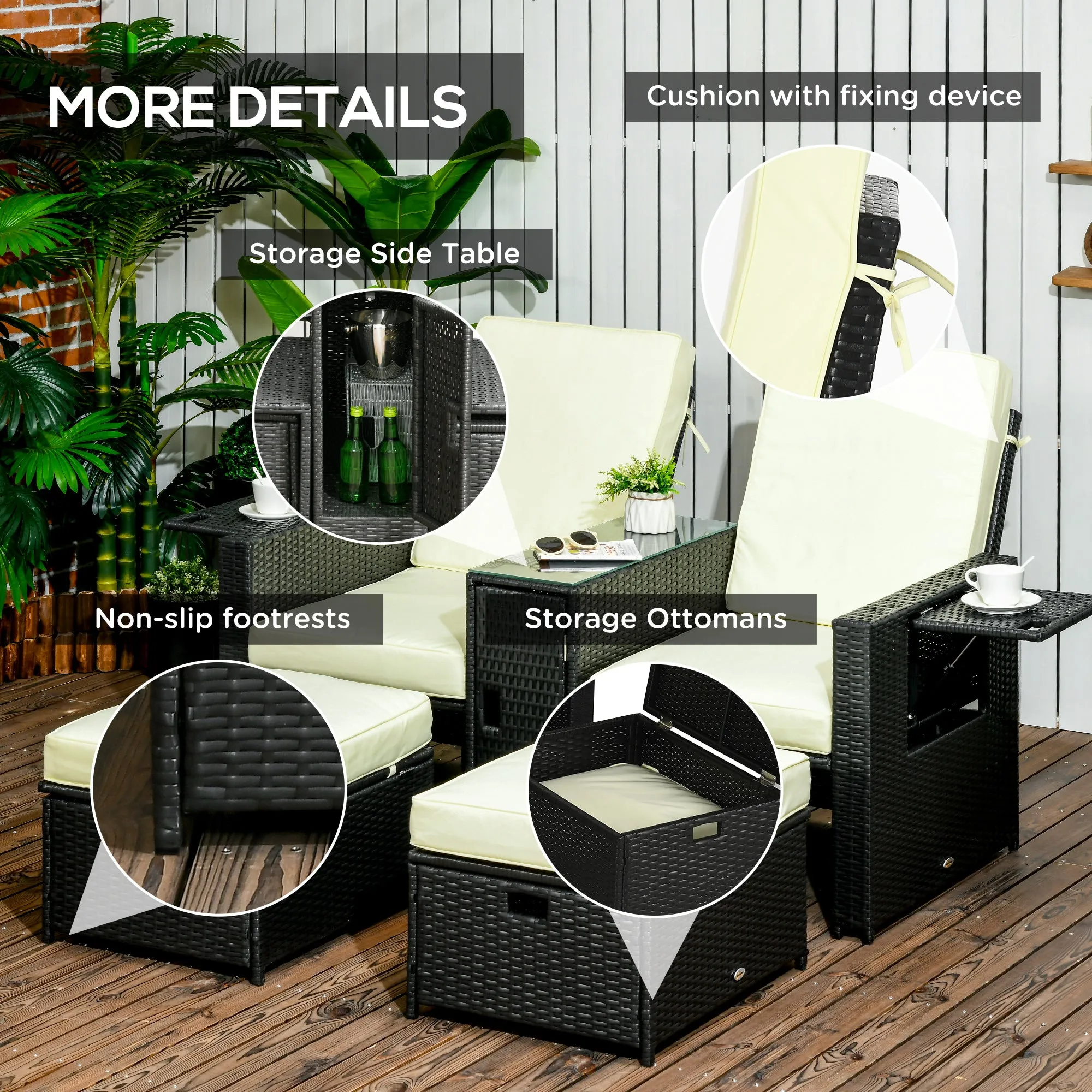 5PC PE Rattan Sun Lounger, Outdoor Wicker 5-level Adjustable Recliner Sofa Bed with Storage Side Table and Footstools, for Patio, Garden, Poolside, Black