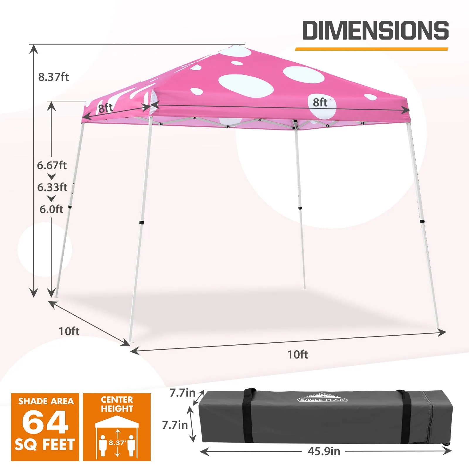 Eagle Peak SHADE GRAPHiX Slant Leg 10x10 Easy Setup Pop Up Canopy Tent (Pink Mushroom Top)