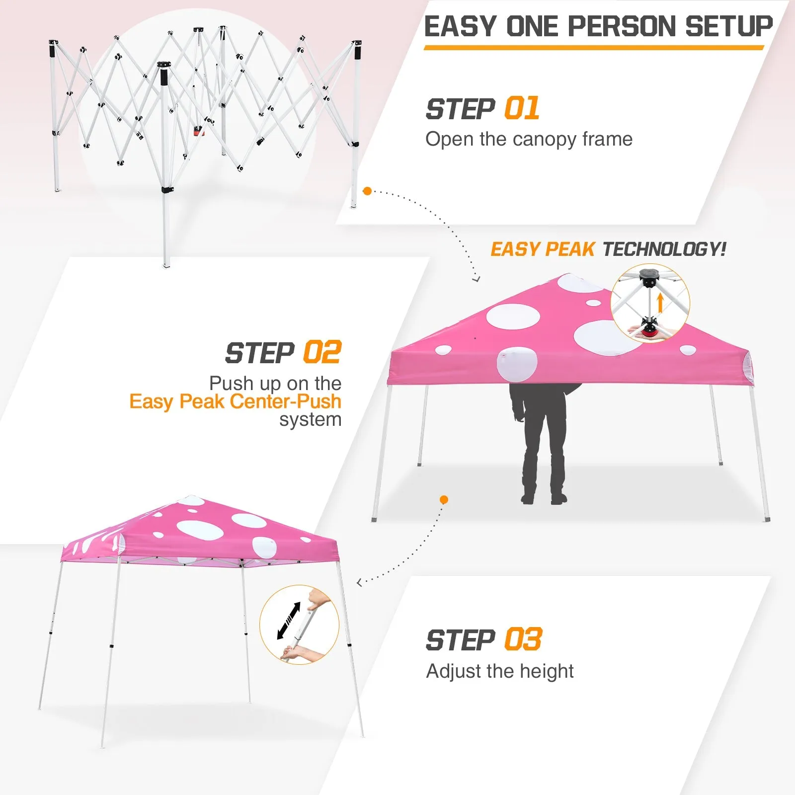 Eagle Peak SHADE GRAPHiX Slant Leg 10x10 Easy Setup Pop Up Canopy Tent (Pink Mushroom Top)