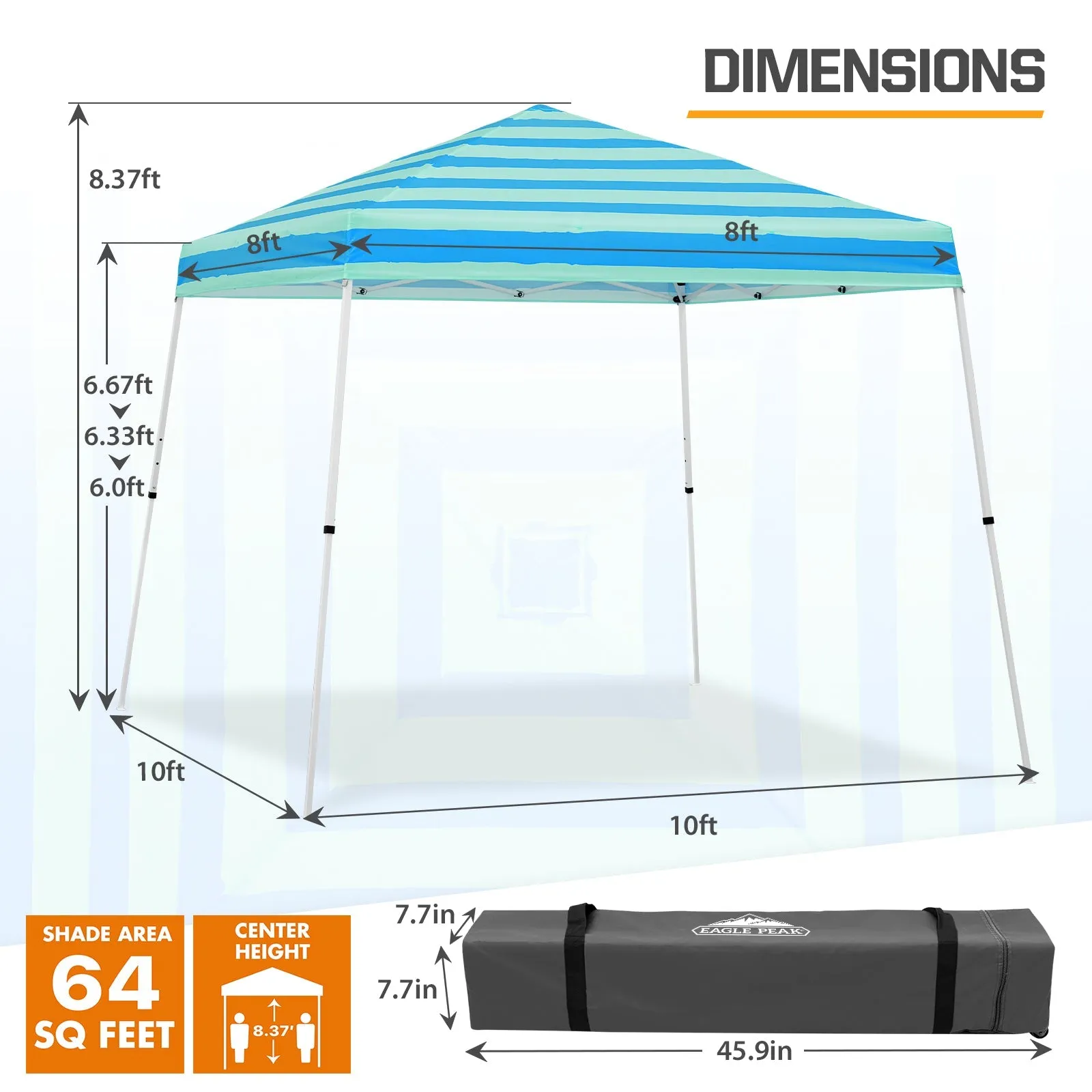 Eagle Peak SHADE GRAPHiX Slant Leg 10x10 Easy Setup Pop Up Canopy Tent with Digital Printed Green Blue Stripe Top