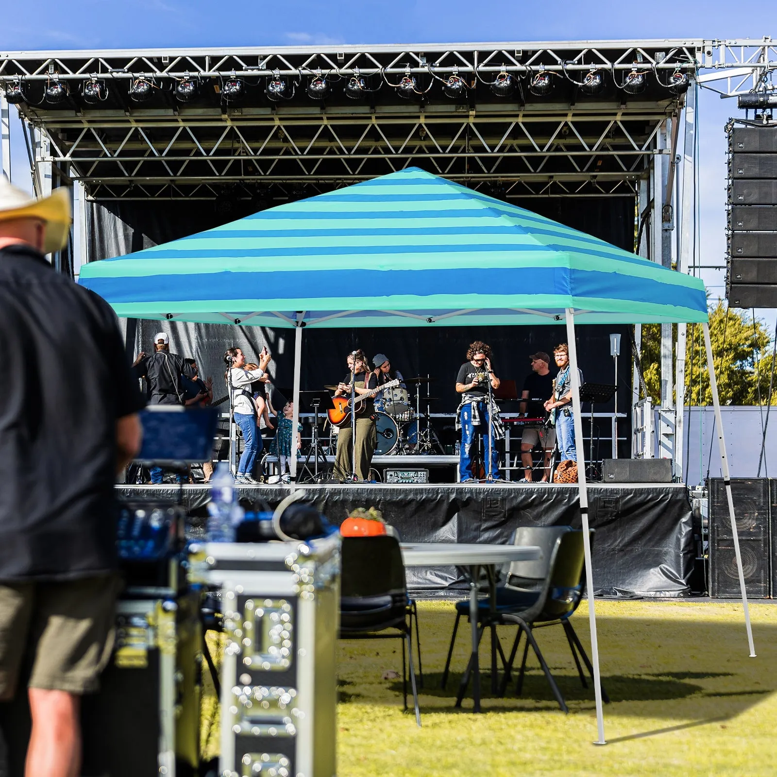 Eagle Peak SHADE GRAPHiX Slant Leg 10x10 Easy Setup Pop Up Canopy Tent with Digital Printed Green Blue Stripe Top