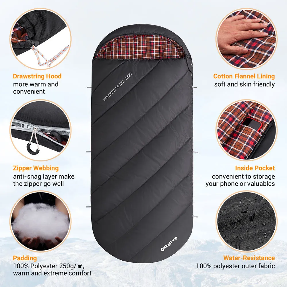 KingCamp 250g Filling 3 Season Cotton lining Black Plus Size Sleeping Bag