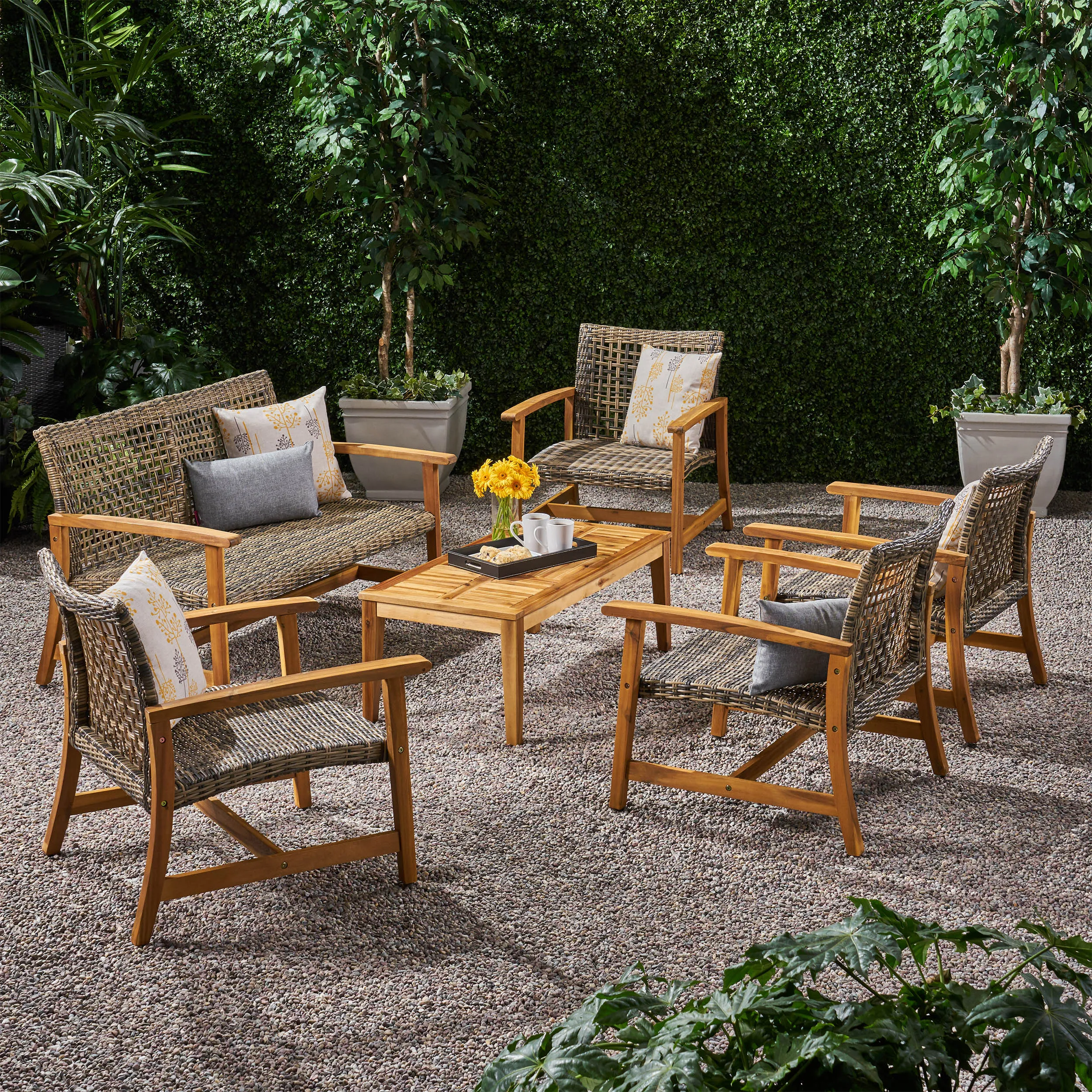 Levant Outdoor 5 Piece Wood and Wicker Loveseat Chat Set