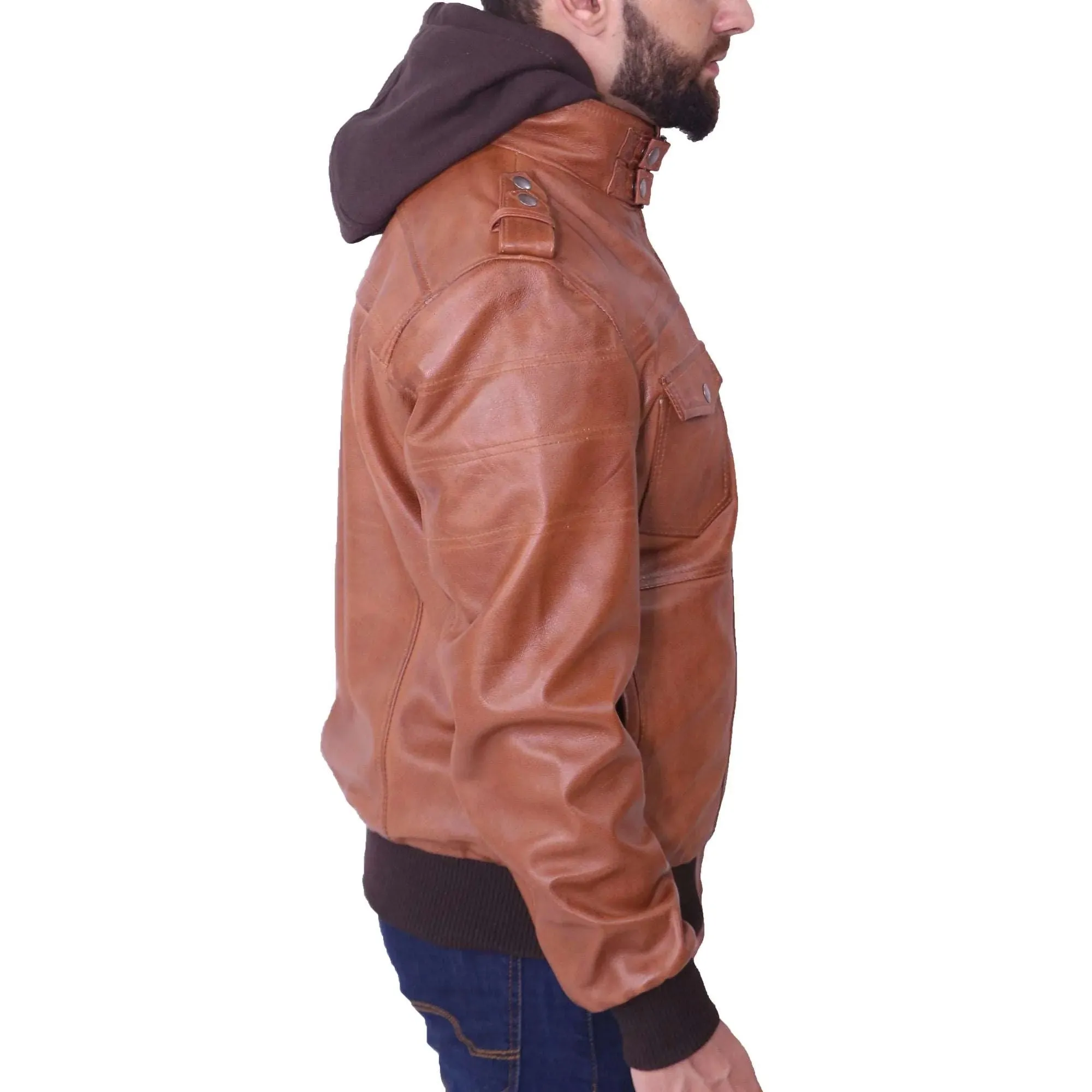 Men's Removable Hooded Tan Leather Jacket