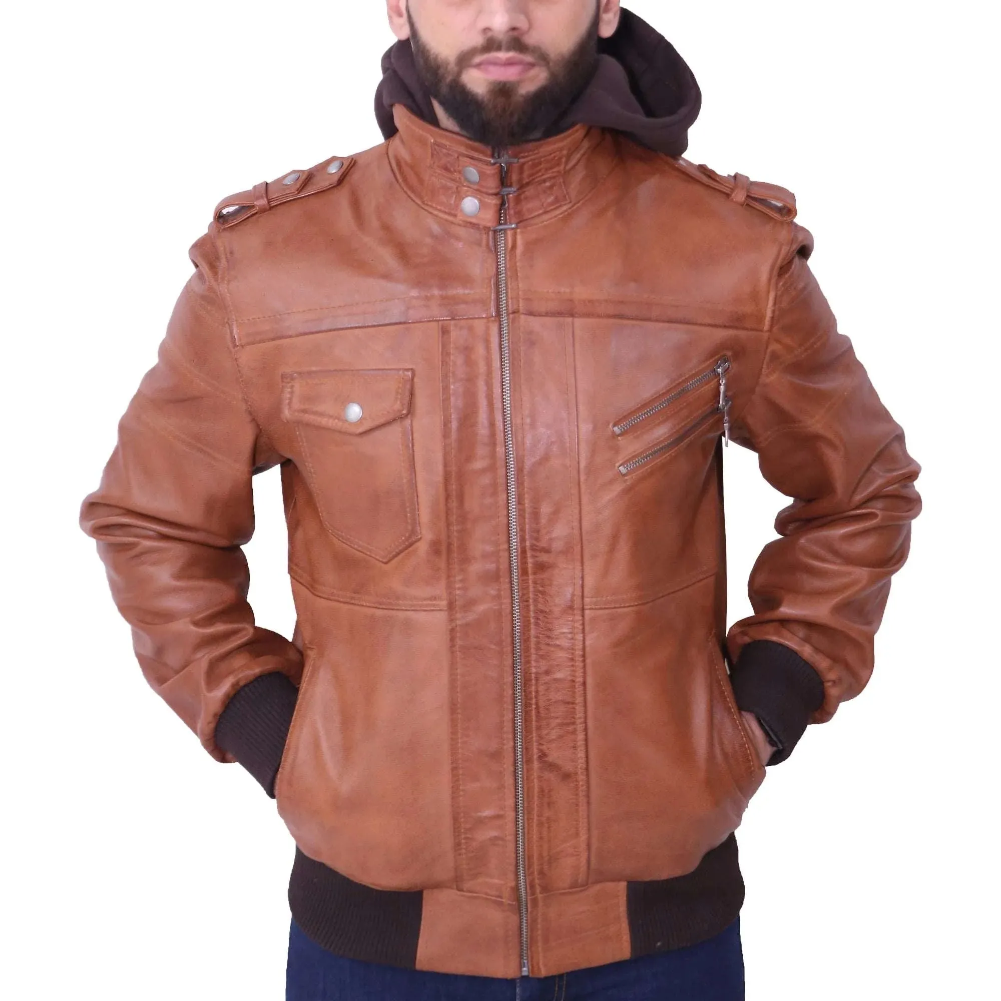 Men's Removable Hooded Tan Leather Jacket