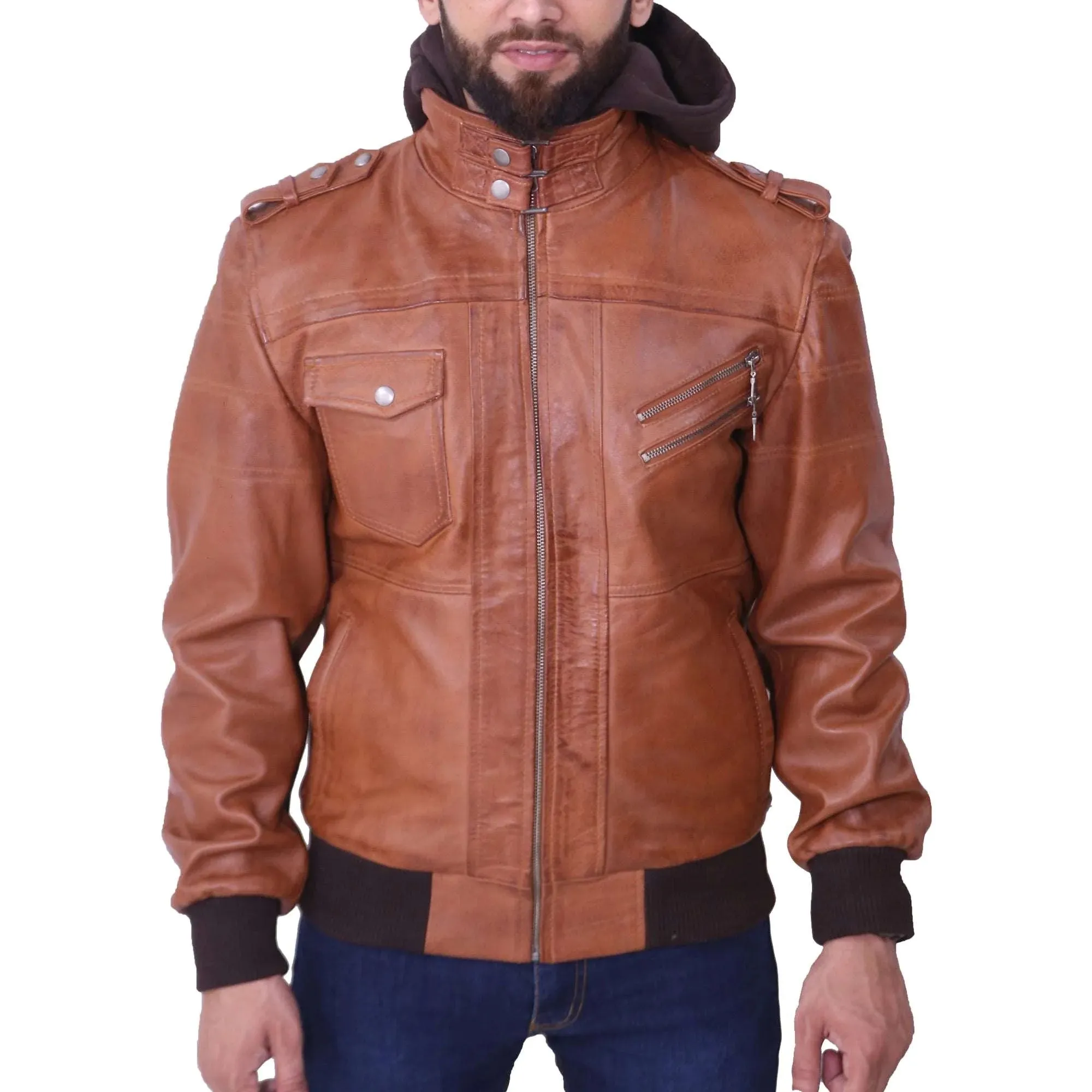 Men's Removable Hooded Tan Leather Jacket