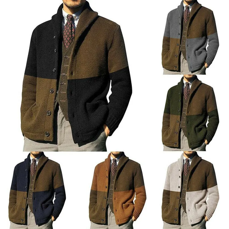 Mens Winter Colorblock Cardigan Single-Breasted Knitted Sweater Jacket