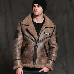 Natural Winter Sheepskin Men Coat Real Shearling Fur Leather Jacket