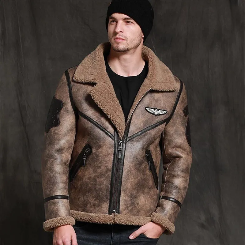 Natural Winter Sheepskin Men Coat Real Shearling Fur Leather Jacket