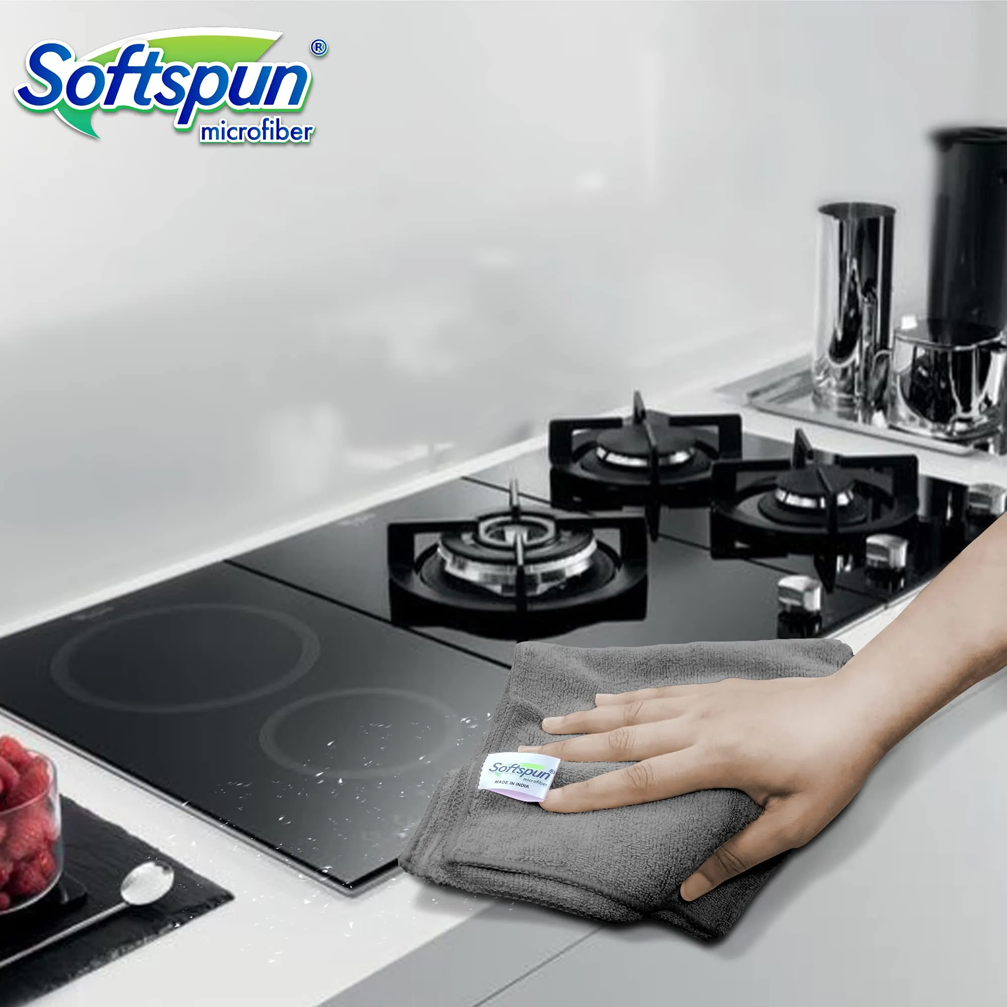 SOFTSPUN Microfiber Cleaning Cloths, 4pcs 40x40cms 340GSM Multi-Colour! Highly Absorbent Lint and Streak Free Multi -Purpose Wash Cloth for Kitchen Window Stainless Steel Silverware.