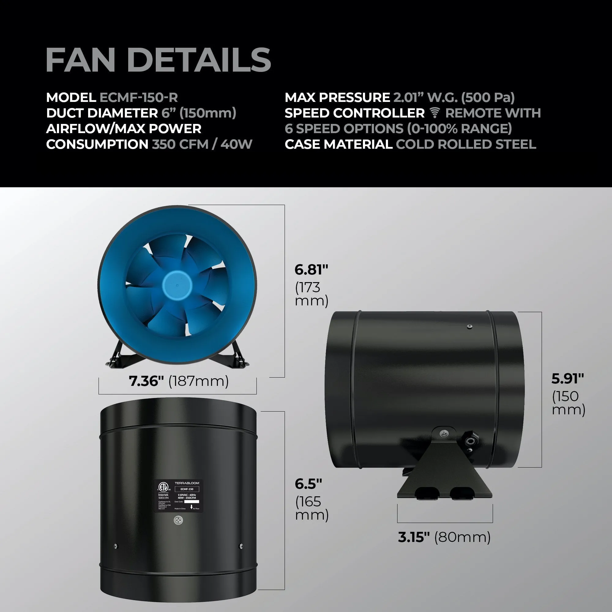 TerraBloom 6" EC Duct Fan with Remote Speed Controller, 288 CFM, 36W