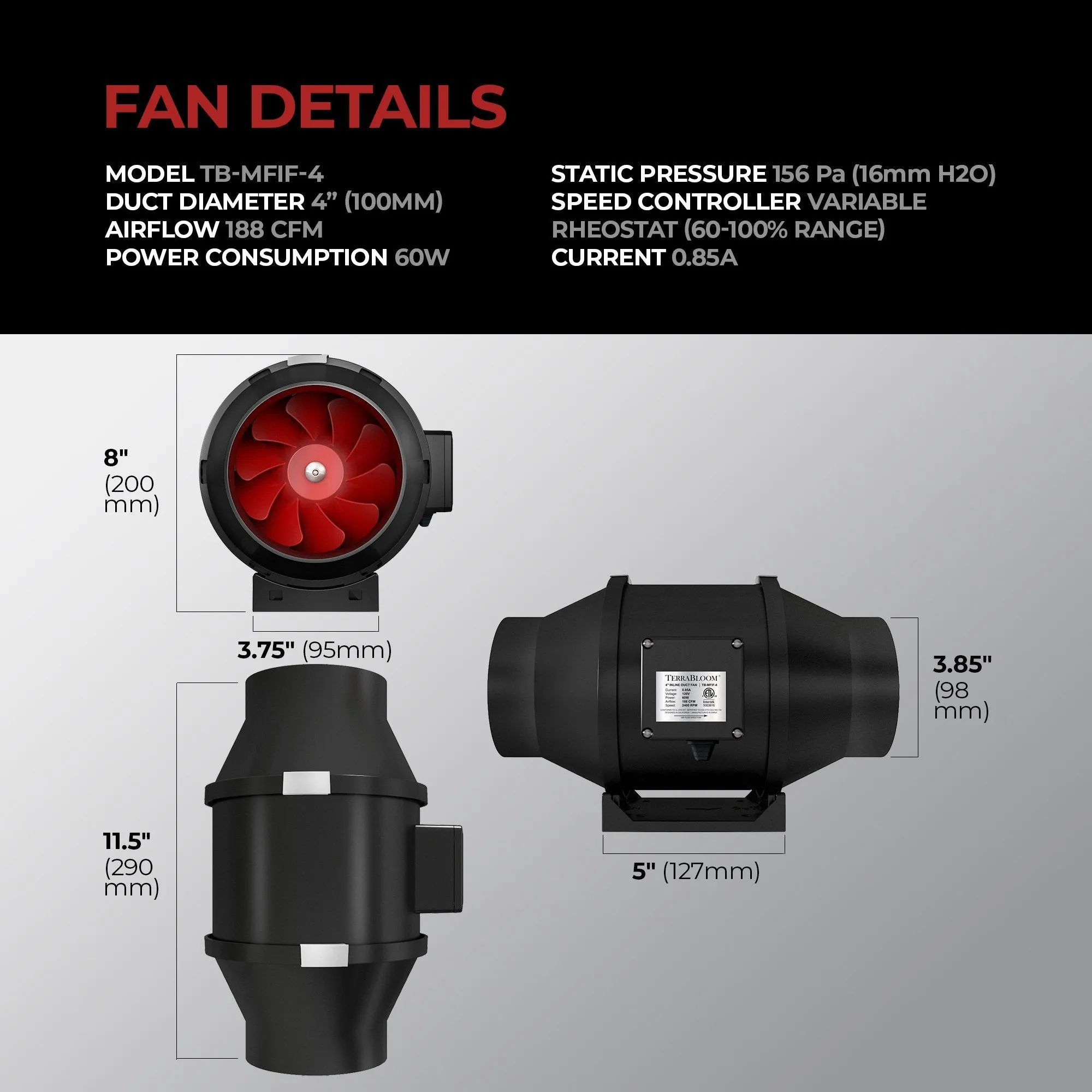 TerraBloom MFIF-4, 4", 188 CFM, 60W Inline Duct Fan with Variable Speed Controller