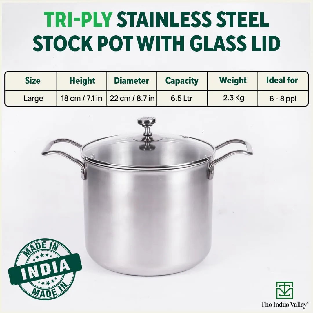 The Indus Valley Triply Stainless Steel Stock Pot with Glass Lid | 22cm/8.7 inch, 6.5Ltr, 2.3kg | Induction Friendly | Nonstick 3-Layer Body, 100% Pure & Toxin-Free, No Chemical Coating