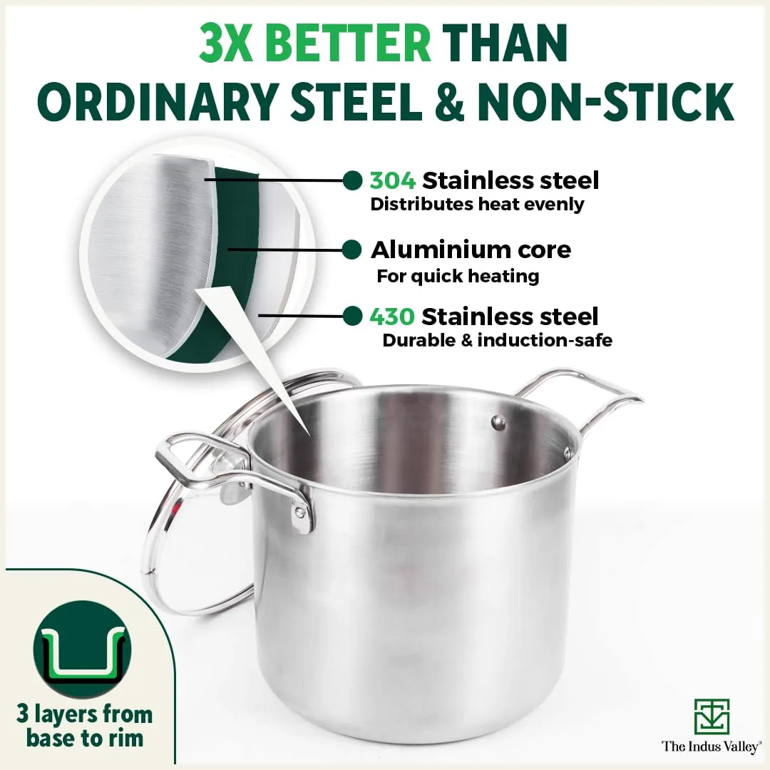 The Indus Valley Triply Stainless Steel Stock Pot with Glass Lid | 22cm/8.7 inch, 6.5Ltr, 2.3kg | Induction Friendly | Nonstick 3-Layer Body, 100% Pure & Toxin-Free, No Chemical Coating