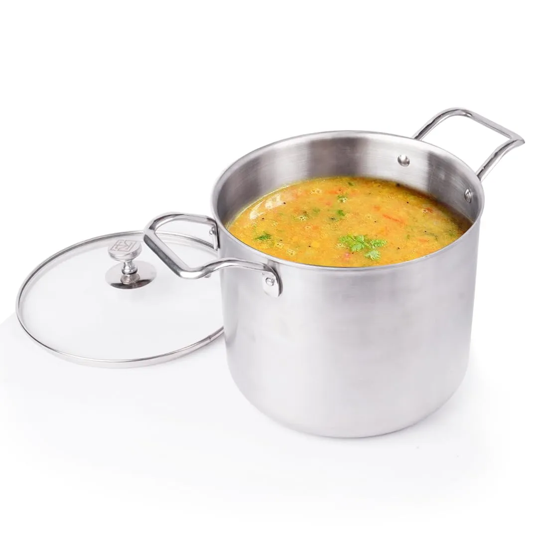 The Indus Valley Triply Stainless Steel Stock Pot with Glass Lid | 22cm/8.7 inch, 6.5Ltr, 2.3kg | Induction Friendly | Nonstick 3-Layer Body, 100% Pure & Toxin-Free, No Chemical Coating