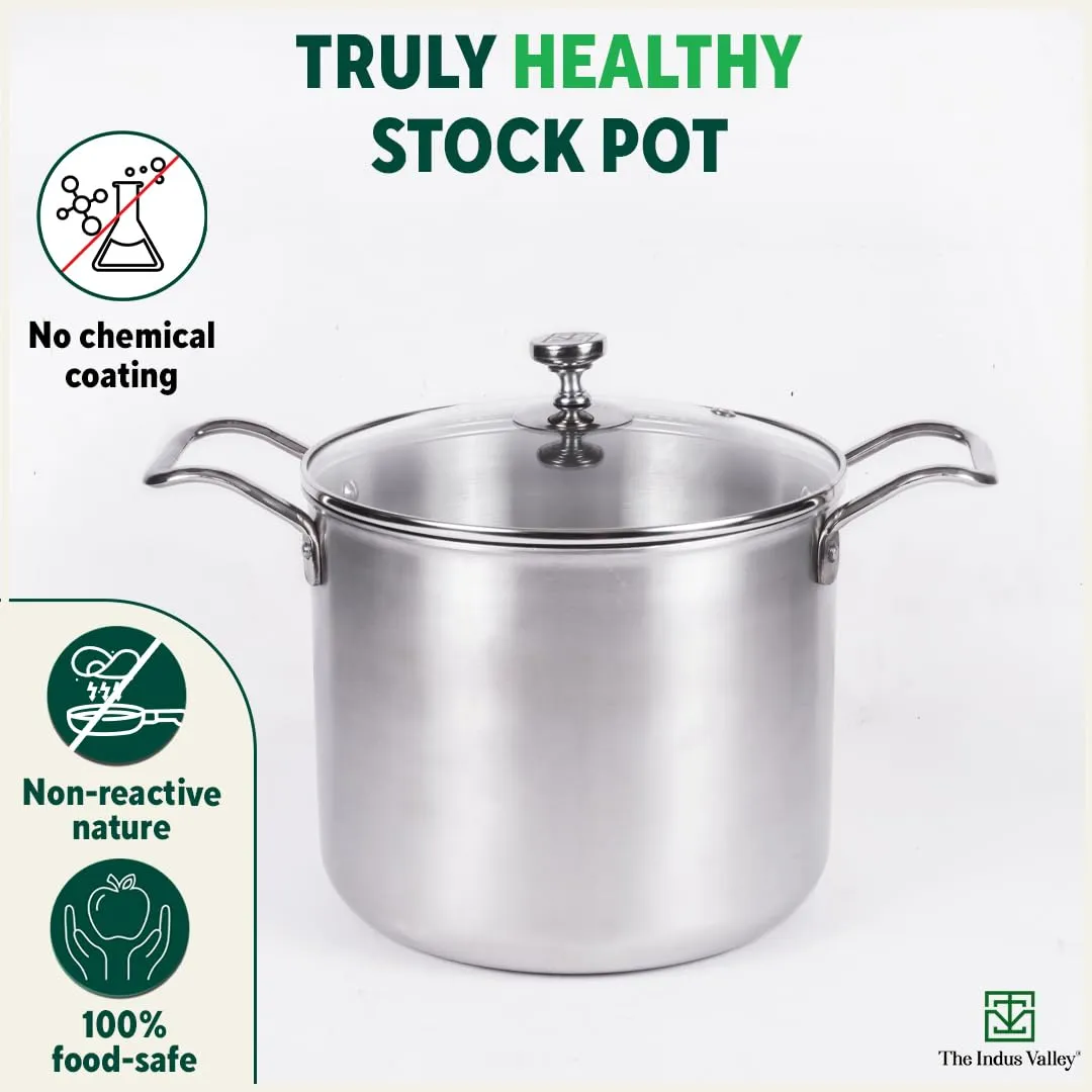 The Indus Valley Triply Stainless Steel Stock Pot with Glass Lid | 22cm/8.7 inch, 6.5Ltr, 2.3kg | Induction Friendly | Nonstick 3-Layer Body, 100% Pure & Toxin-Free, No Chemical Coating