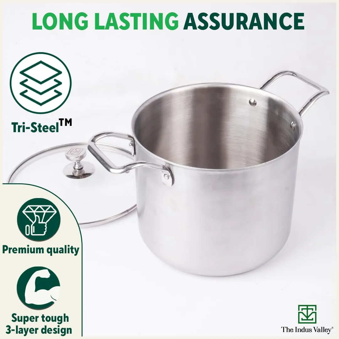 The Indus Valley Triply Stainless Steel Stock Pot with Glass Lid | 22cm/8.7 inch, 6.5Ltr, 2.3kg | Induction Friendly | Nonstick 3-Layer Body, 100% Pure & Toxin-Free, No Chemical Coating