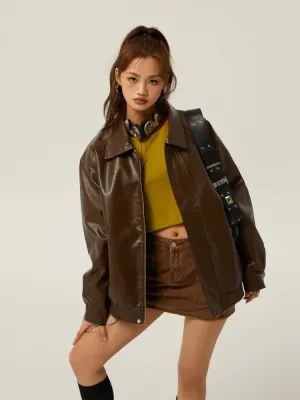 Toleet-Winter and Autumn Outfits Christmas/Thanksgiving_Brown Leather Polo Collar Three-Color Autumn Retro Casual Loose Jacket