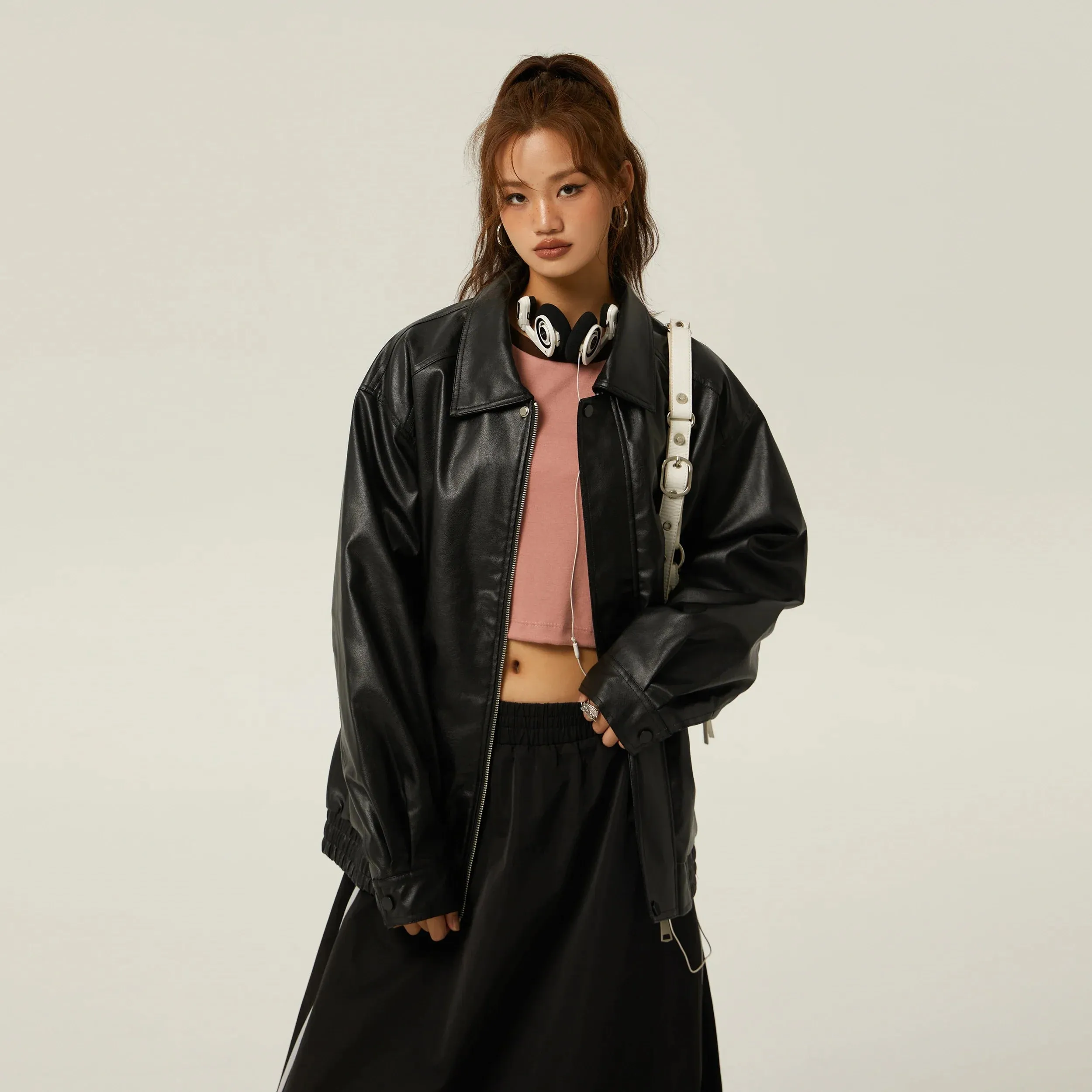 Toleet-Winter and Autumn Outfits Christmas/Thanksgiving_Brown Leather Polo Collar Three-Color Autumn Retro Casual Loose Jacket