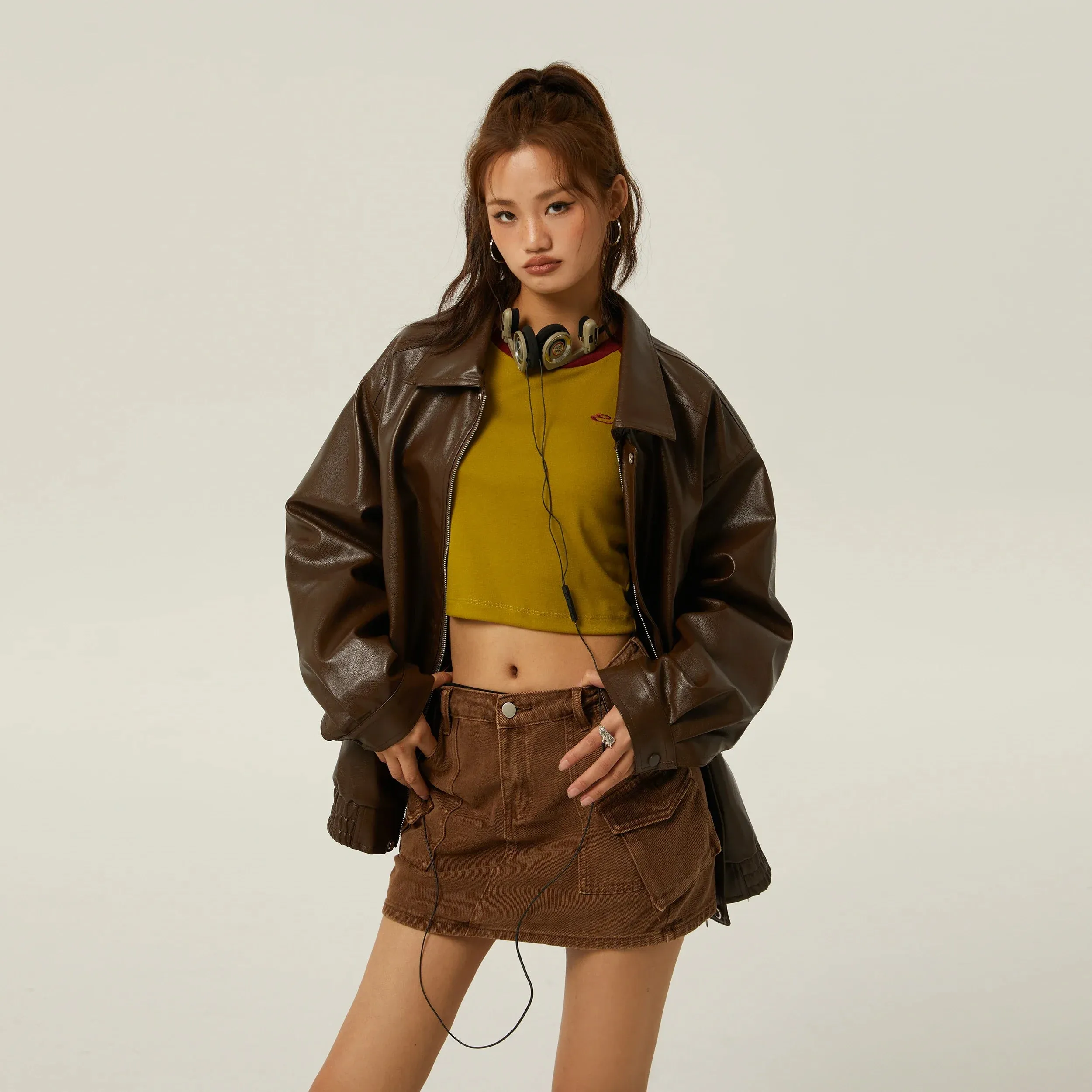 Toleet-Winter and Autumn Outfits Christmas/Thanksgiving_Brown Leather Polo Collar Three-Color Autumn Retro Casual Loose Jacket