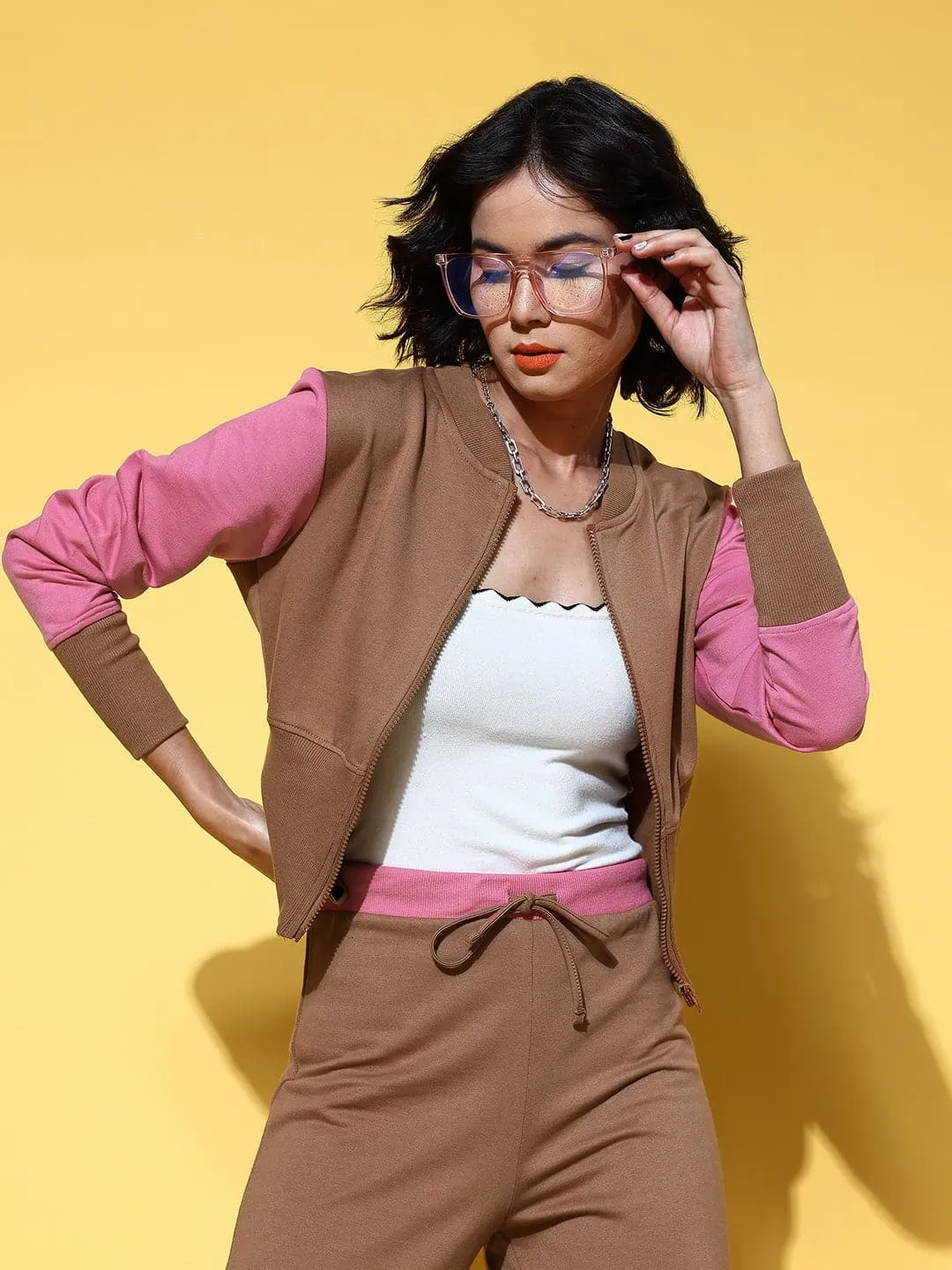 Women Brown Who Cares Color Block Crop Jacket