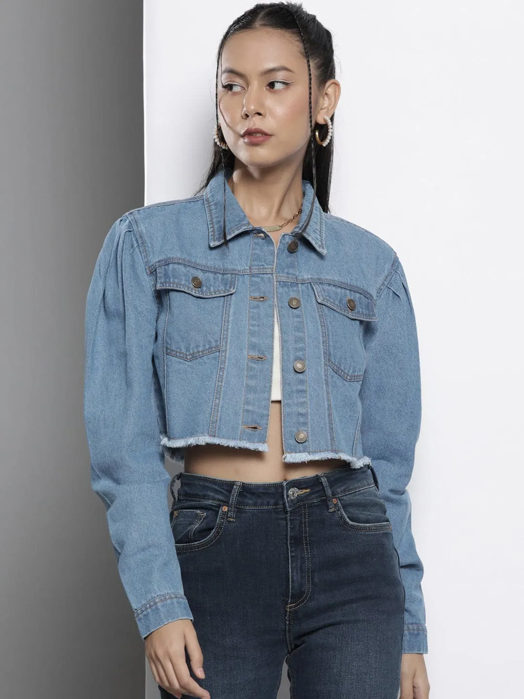 Women Ice Blue Raw Hem Denim Crop Jacket