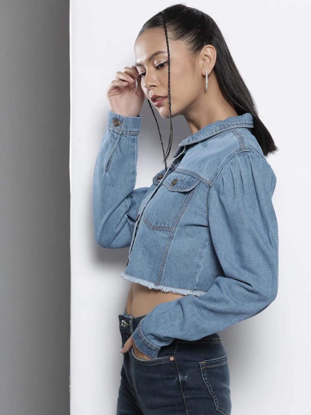 Women Ice Blue Raw Hem Denim Crop Jacket