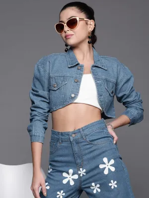 Women Ice Blue Washed Denim Curved Hem Crop Jacket