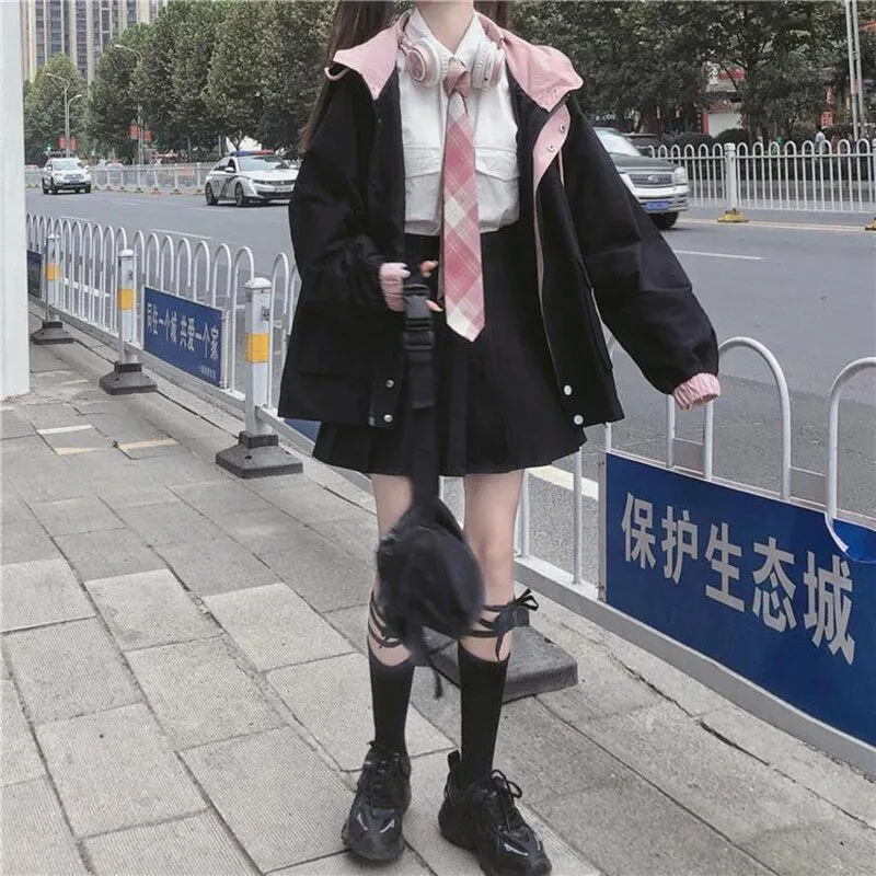 Zipper Pink Woman Jacket Color Matching Winter Clothes Loose Top Coat